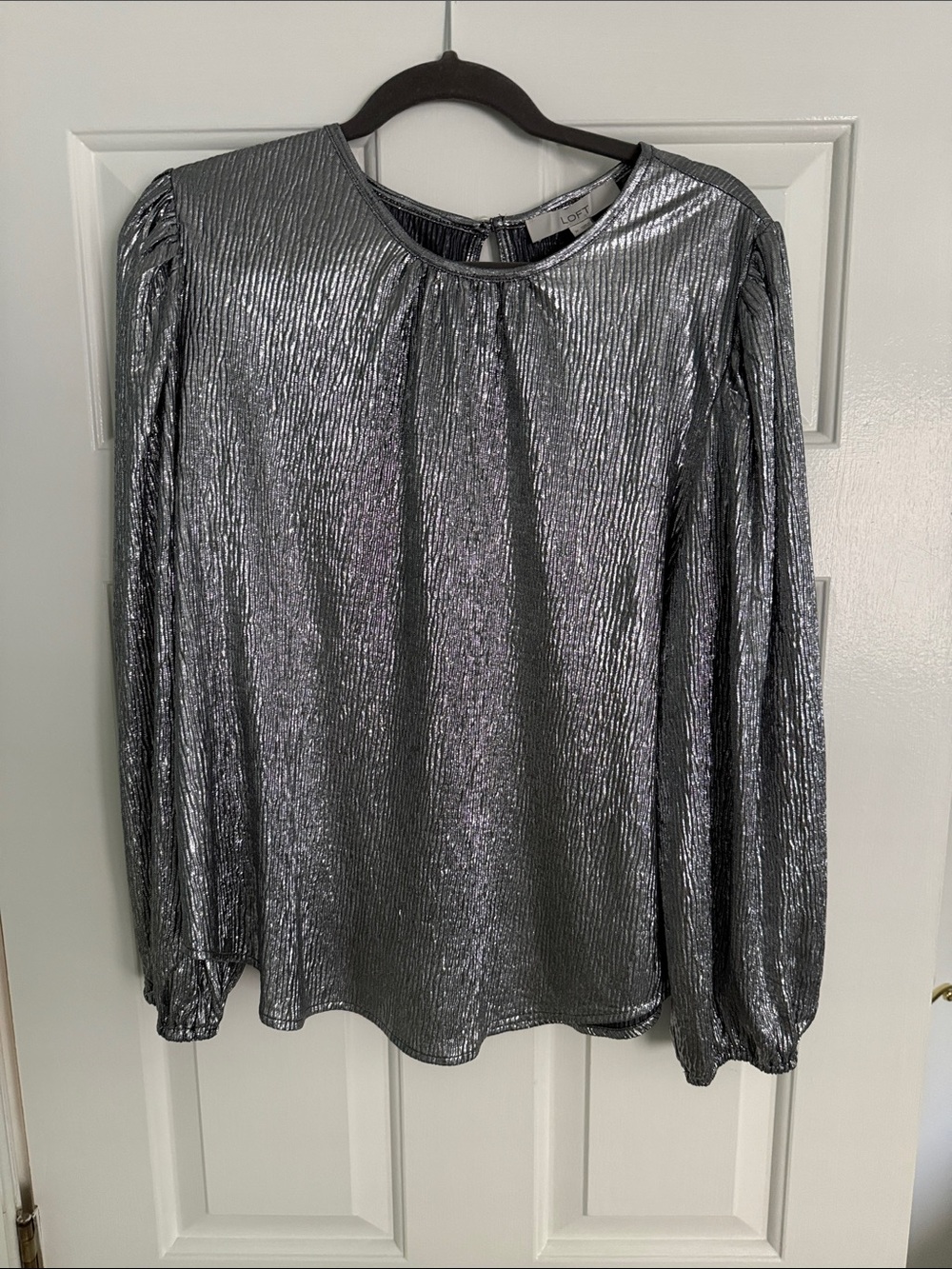 LOFT Shimmery Silver Long-Sleeve Pleated-Texture Blouse